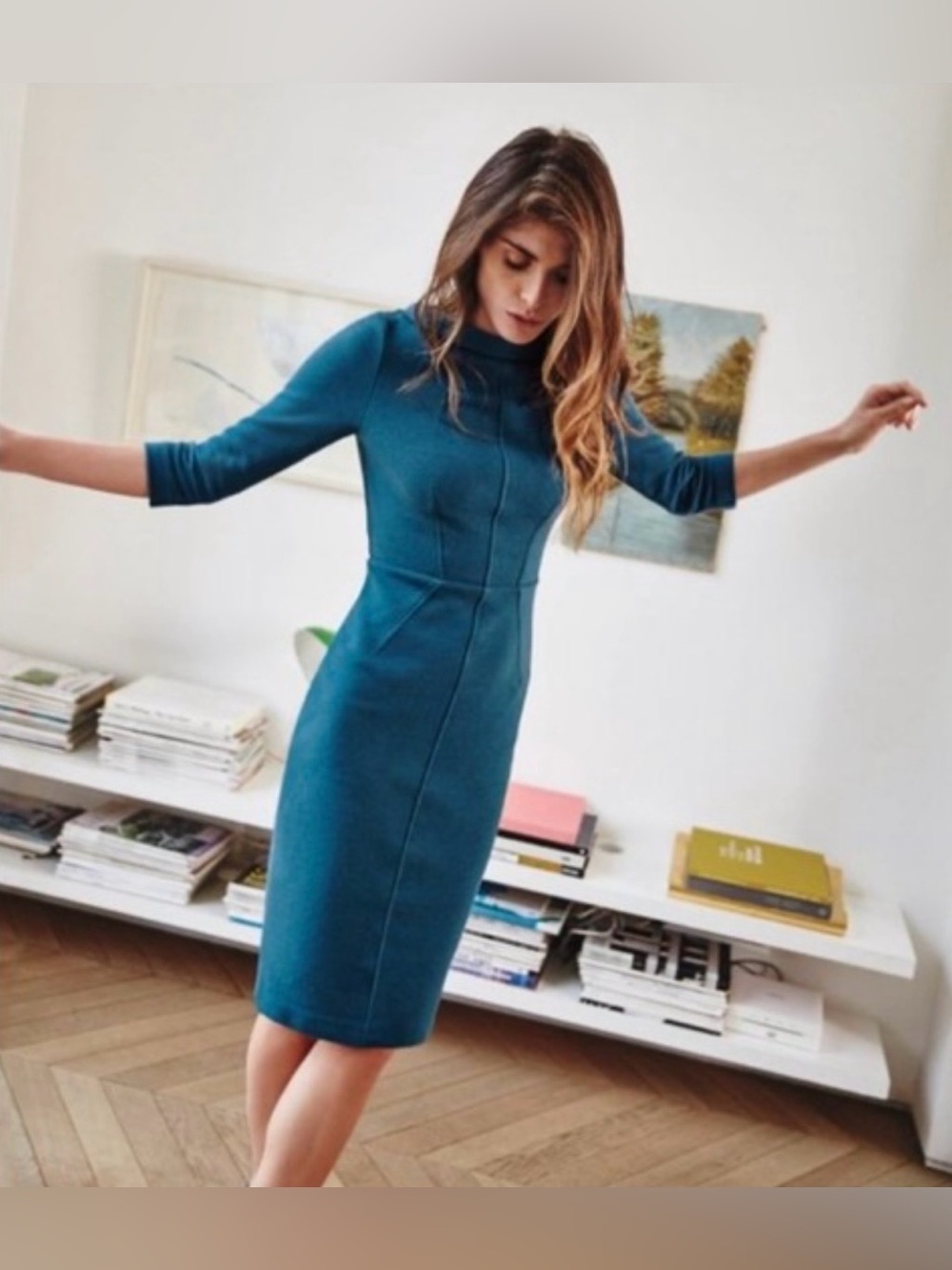 Boden Teal Textured Sheath Midi Dress 3/4 Sleeve US 8L UK 12